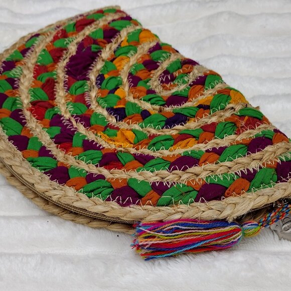 America & Natural Woven Jute Multicolor Rainbow Boho Clutch | 12” | Resort Style - Picture 9 of 11